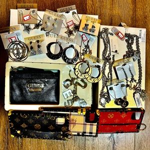iPhone pro max case, Guess earrings, bracelets, and guess wallet
